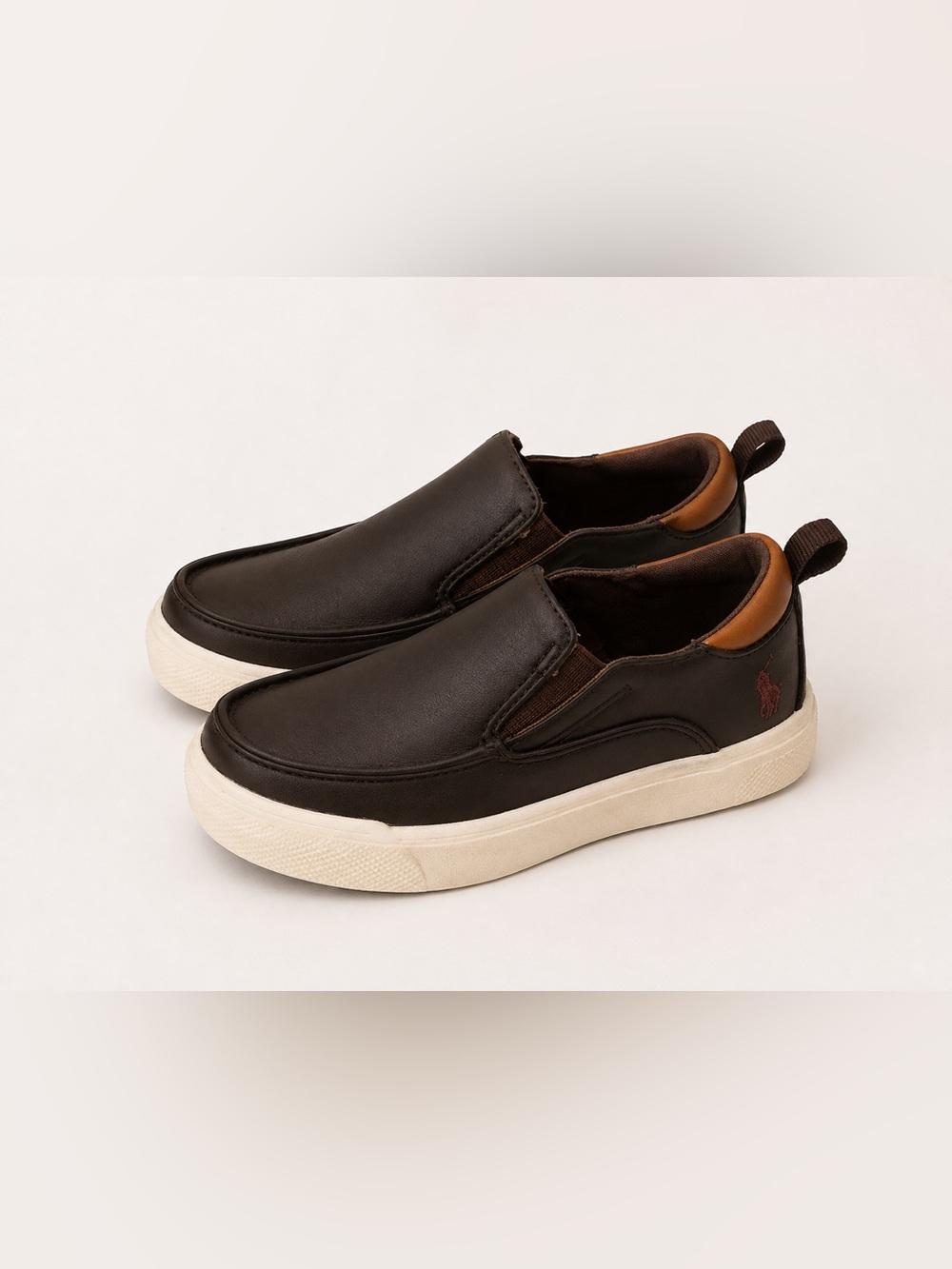 Polo by Ralph Lauren Boys' Brown Slip-On Loafers with Tan Heel Accent